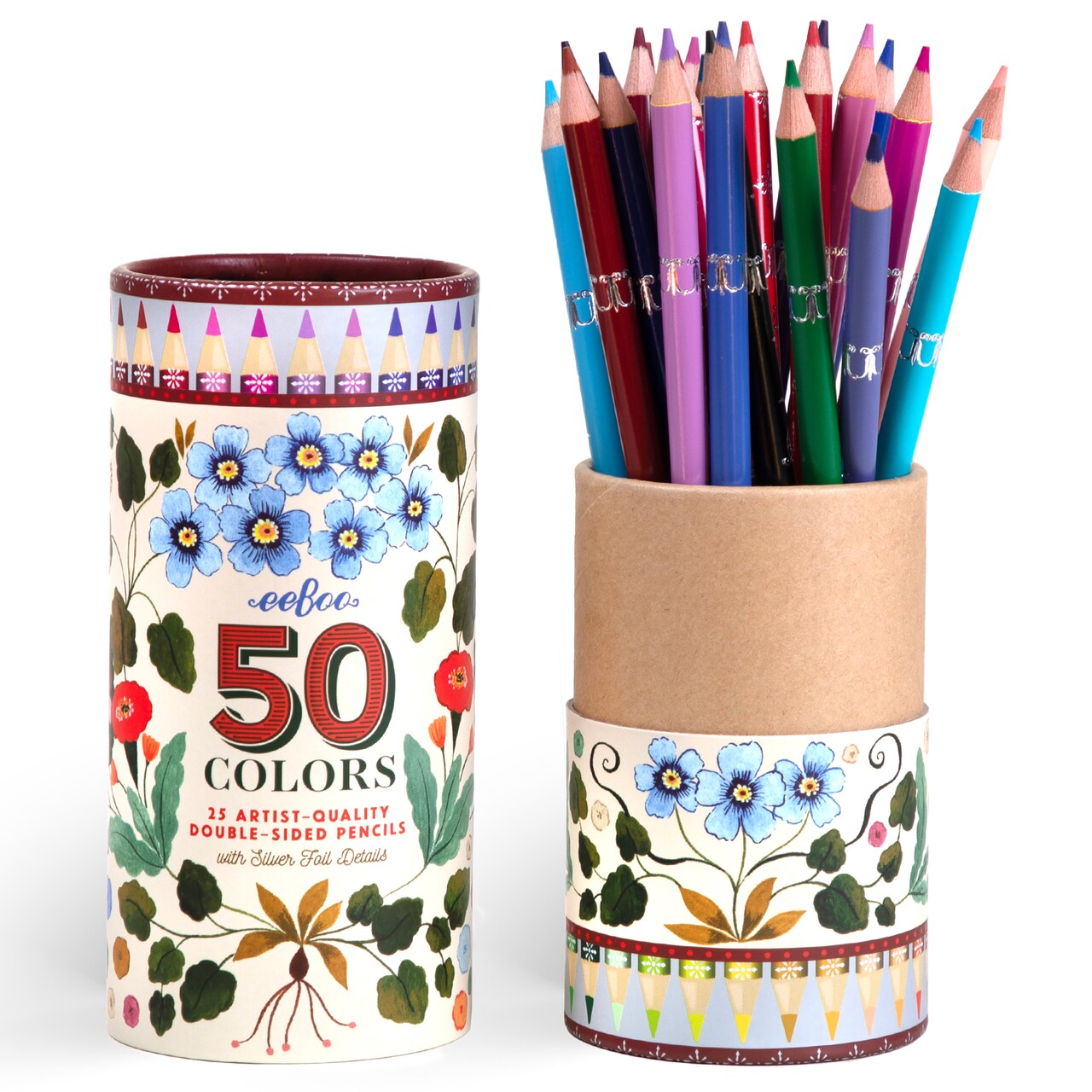 eeBoo Piece & Love: Double-Sided Colored Pencils - Flora's - 25pc - 50 Color Set, Silver Foil Design, Floral Storage Tube, Artist-Quality, Adults